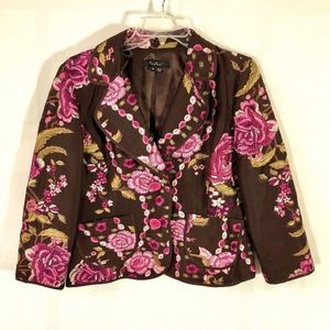 ECI New York 100% Silk Brown and Pink Floral Embroidered Jacket sz 8‎